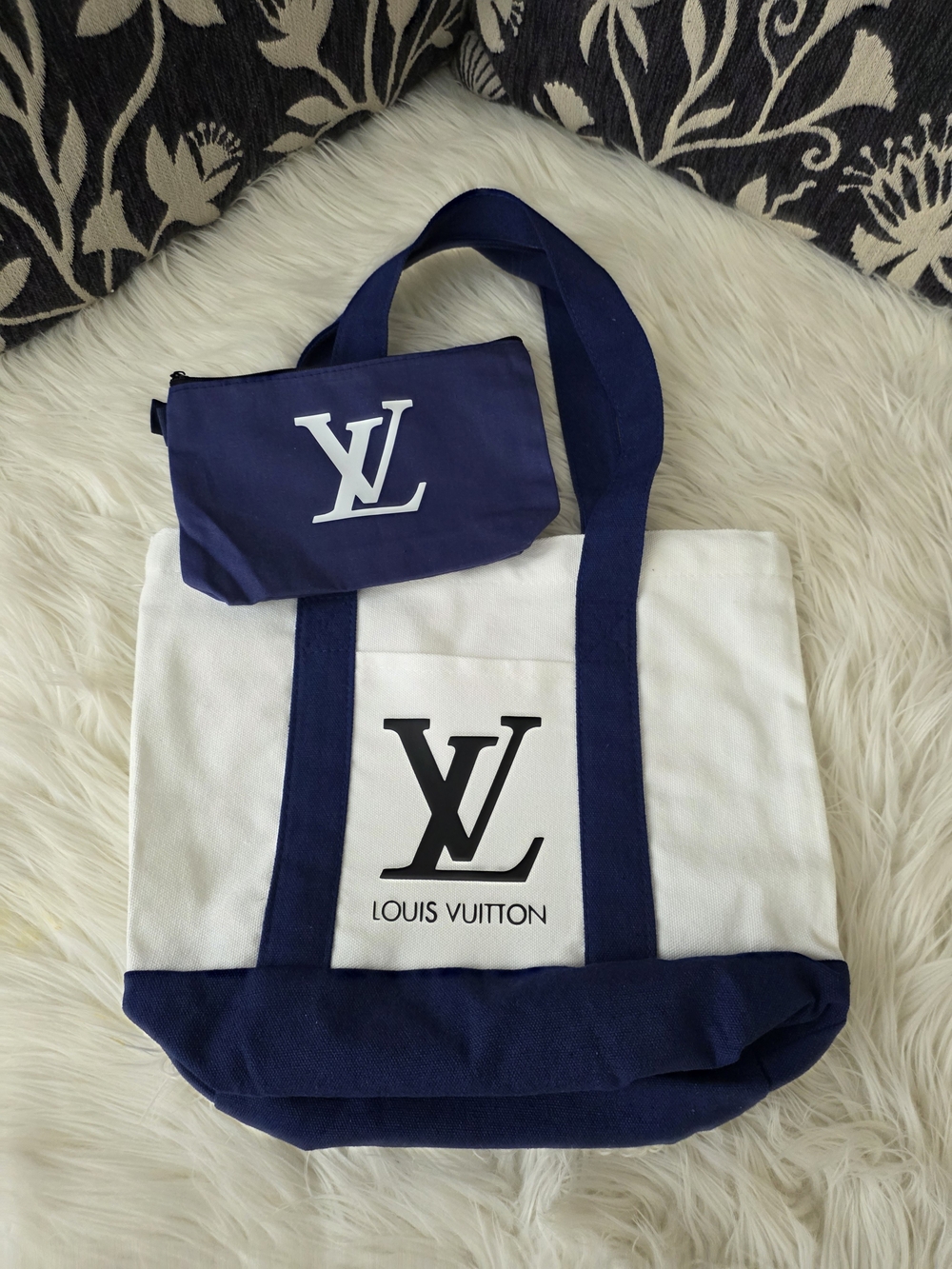 White & Navy Canvas Tote Bag with Matching Pouch